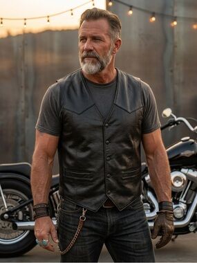 Men's Black Leather Biker Vest - Classic Button -Front Style